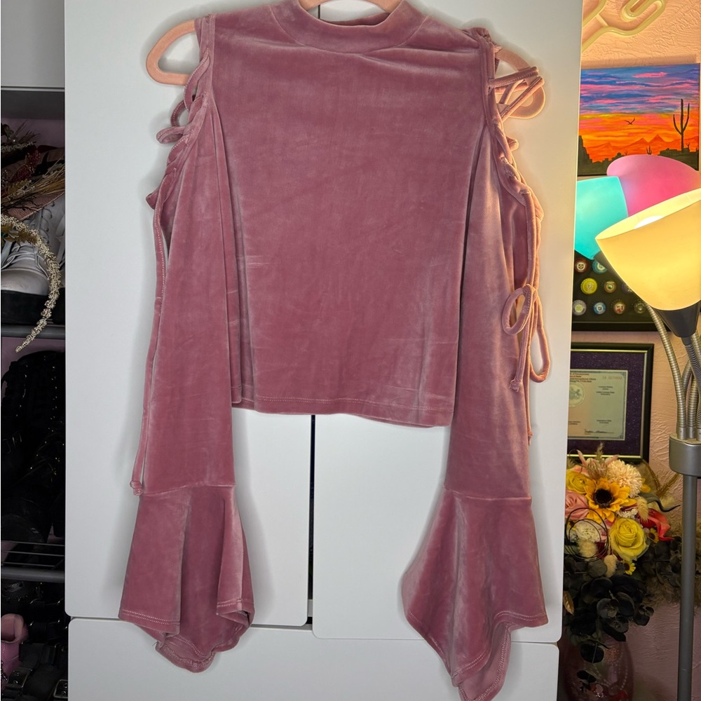 Velvet cold shoulder bell sleeve top